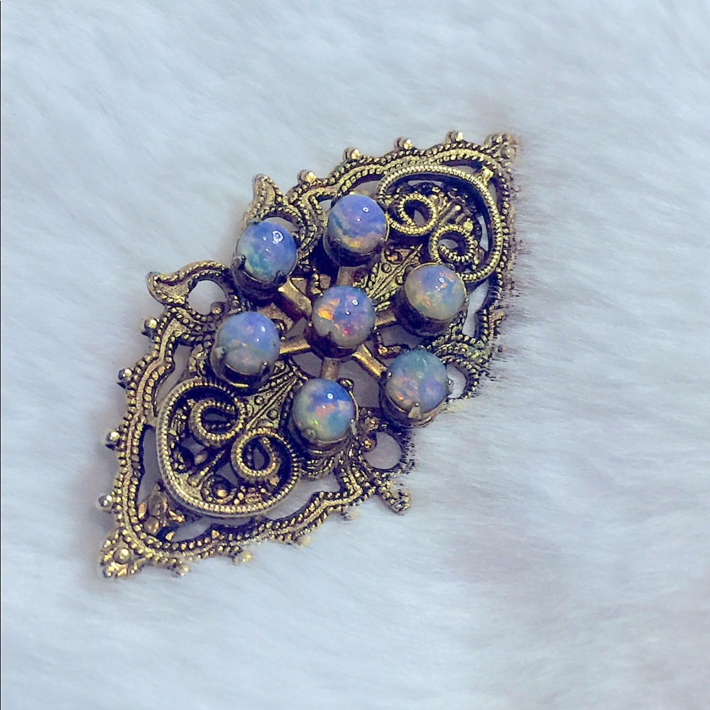 ✨Stunning 7_Bright Opal Star_Burt Bronze Antique Fashion Pendant Brooch Pin✨